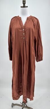 Sundry Brown Henley Woven Cotton Long Puff Sleeve Midi Dress Sz 2 US M